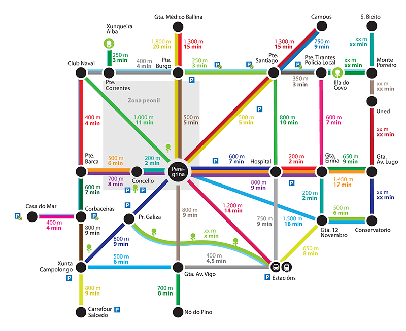 Plano de Pontevedra con distancias en minutos